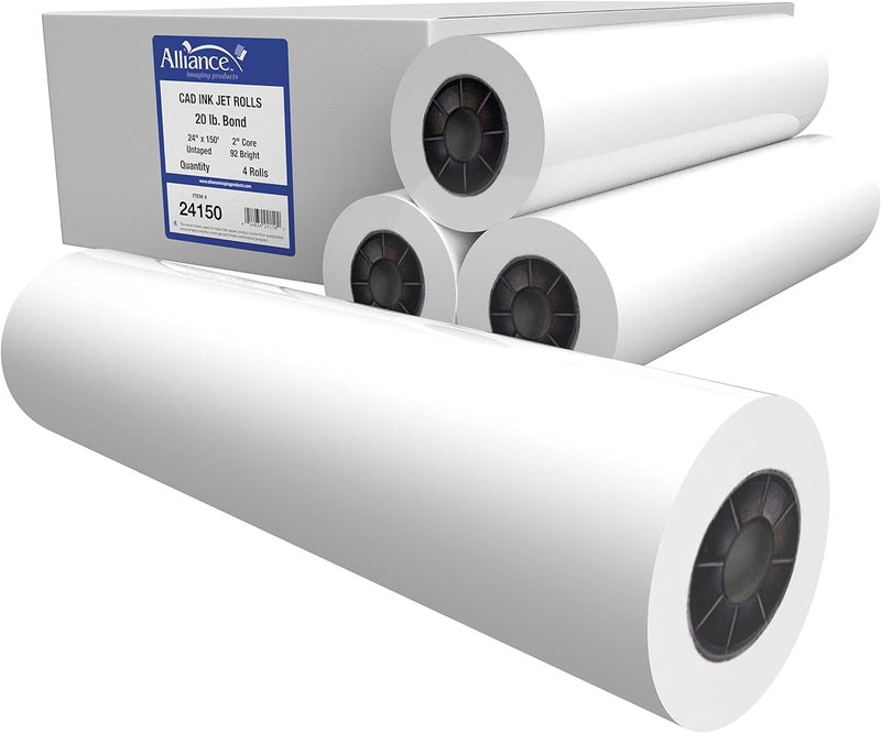 Alliance Wide Format Paper 24" x 150' CAD Bond Rolls (20lb | 4 Rolls, 24 In x 150 Ft | 2" Core) - Image 1